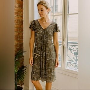 J. Jill 100% Silk Geometric Dots Brown Neutral V Neck Short Sleeve Dress Sz 18W